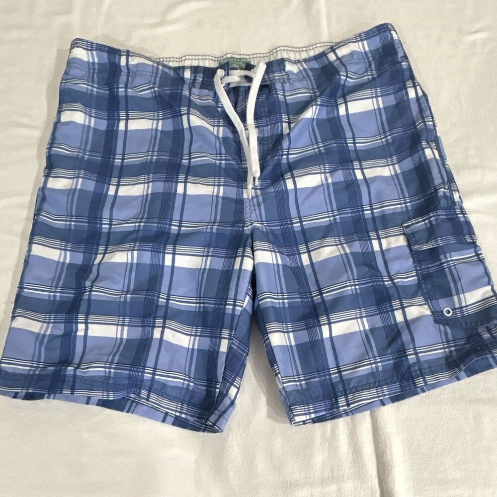 Primark Men's Plaid Swim Trunks 2XL Blue/White Drawstring Elastic Pockets 0206